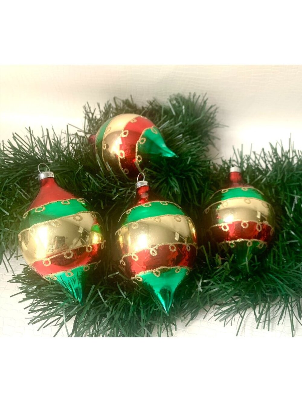 4 Vintage Glass Christmas Ornaments Hand Painted Red & Green